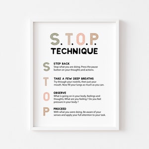 stop grounding technique anxiety relief calm corner printables Social emotional learning mental health poster school counselor office decor