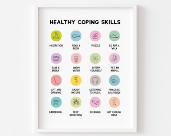 Póster de habilidades de afrontamiento, alivio de la ansiedad y salud mental (descarga digital)