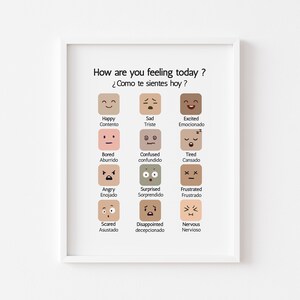 Könnte beinhalten: Ein gerahmter Druck mit der Frage "How are you feeling today?" und der spanischen Übersetzung. Darunter ein Raster von illustrierten Gesichtern, die verschiedene Emotionen wie glücklich, traurig und verwirrt darstellen. Der Druck ist in einem weißen Rahmen.
