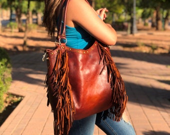 Hobo leather bag with fringe, Handmade Fringe purse, fringe bag purse leather fringe crossbody, boho leather handbags.