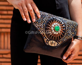 Black boho leather clutch, Black Envelope studded clutch for ladies, Viv beaded bag with studs, convertible  moroccan clutch for ladies.