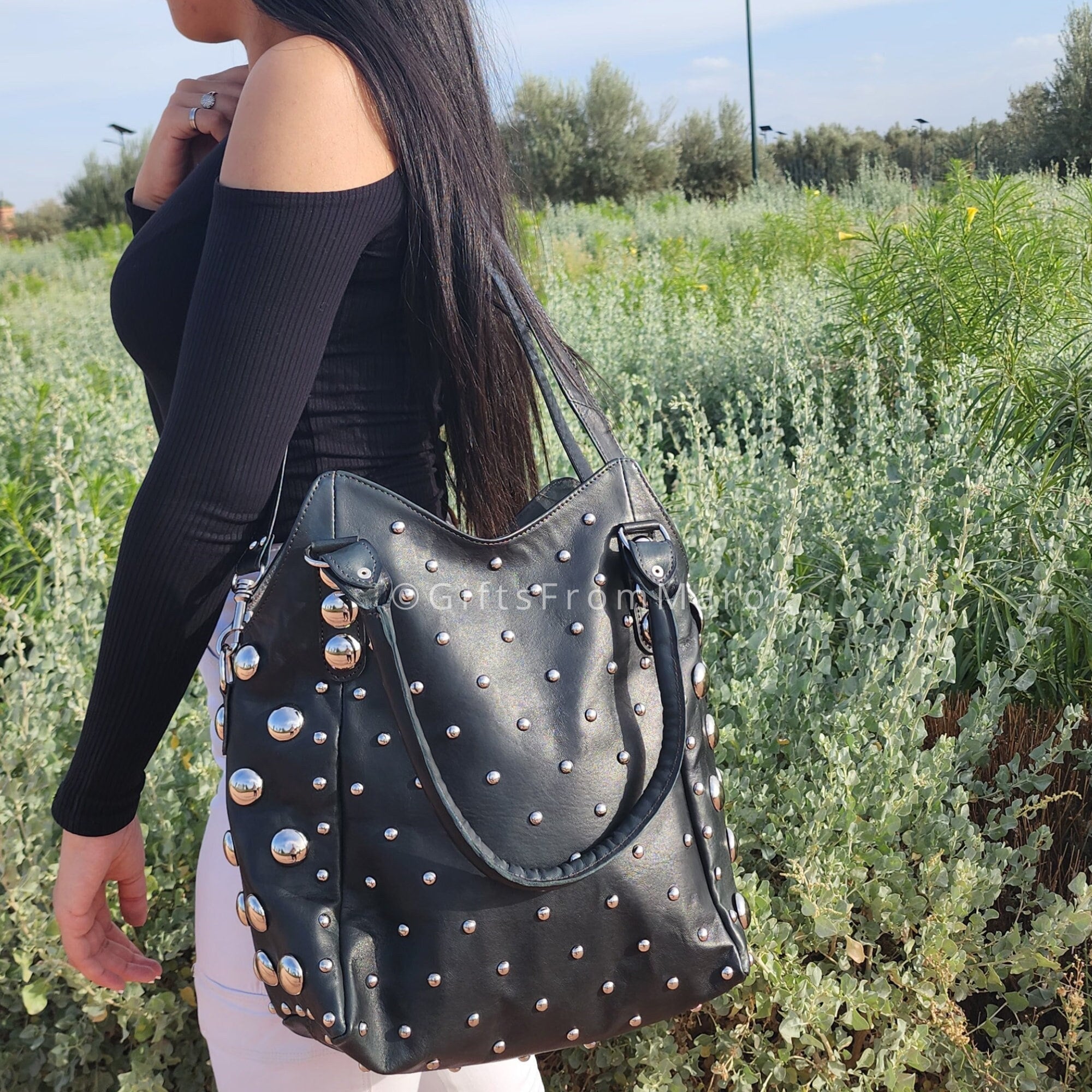 Black Studded Leather Tote Bag, Leather Shoulder Bag With Silver