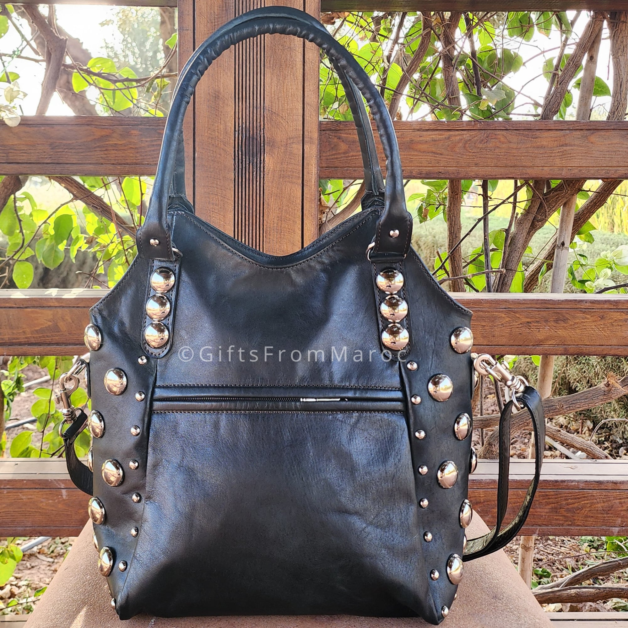 Black Studded Leather Tote Bag, Leather Shoulder Bag With Silver