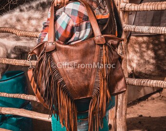 Leather Fringe purse, Black leather fringe bag, leather handbag with fringe, Fringe crossbody leather tote  bag.