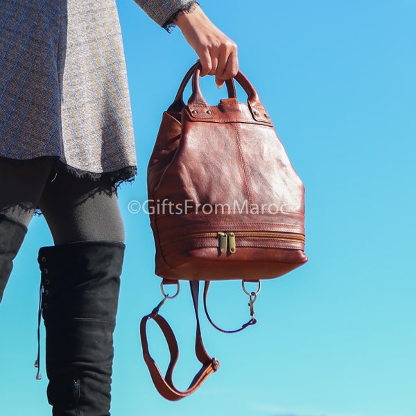 Top handle convertible bag, Convertible Backpack, backpack purse, Leather drawstring bag.