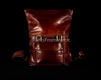 Roll top  leather backpack men, women leather backpack, brown leather rucksack personalized.