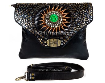 Moroccan Folded black leather cluch crossbody bag, black Leather wallet for ladies, Convertible Leather Purse.