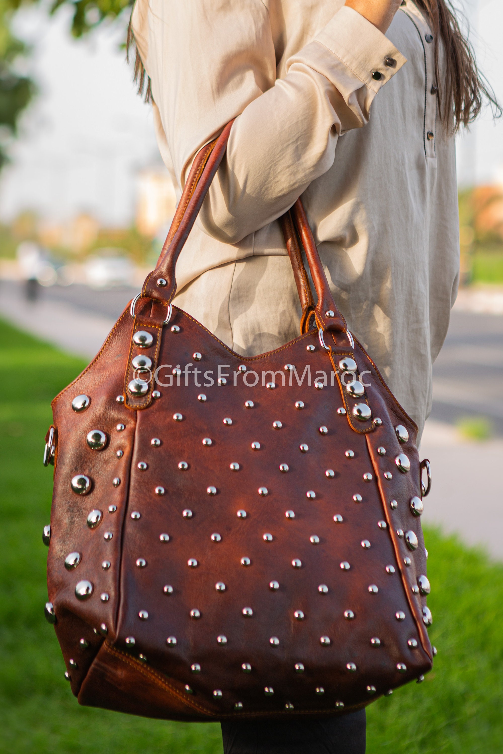 Studded Leather Handbag, Polka Dot Studded Leather Tote Bag, Polka Dot Leather Shoulder Bag.