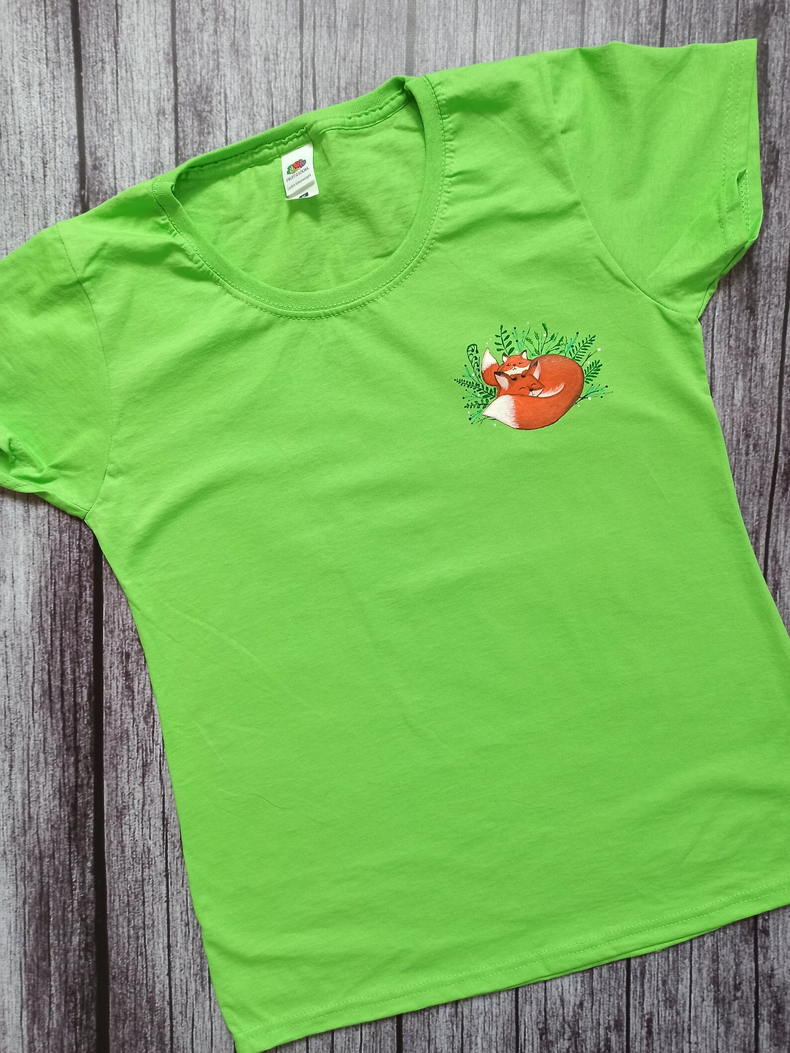 Light Green Cotton Tshirt Hand Painted Tshirt Fox Hand Etsy