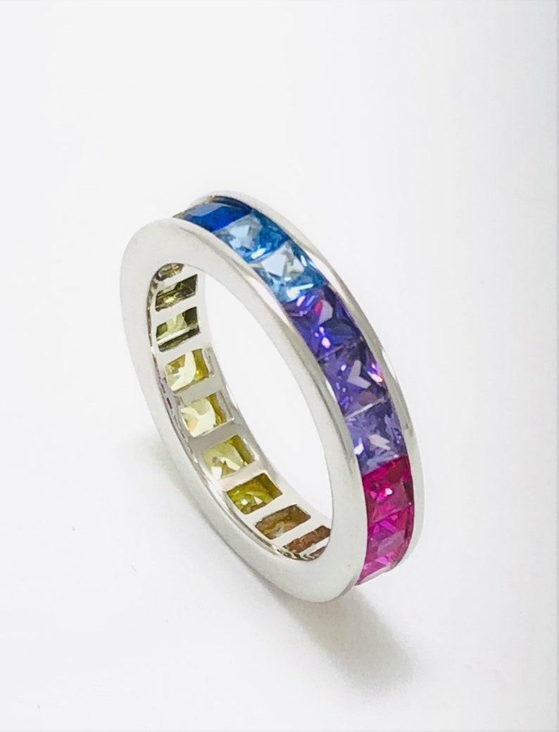 Unique ring, Gift for her Bridal gift Sterling silver square cut Saphire anniversary Infinite ring Rainbow Saphire stone ring