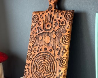 Wood Board Gift Rustic Ethnic ancient drawing unique engraved decoration natural minimal unique double sided