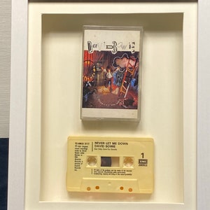David Bowie, Never let me down Cassette art.  Framed nostalgia, favorite artist, album or band.  Music Lover, Father’s day, Framed Art