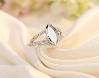 Marquise Ring Blank 6 x 12 mm, 925 Sterling Silver Ring Setting, DIY Resin Breastmilk Keepsake Ring, Split Band Cz Accent, Semi Mount Ring