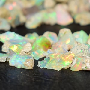 Könnte beinhalten: Eine Sammlung von rohen, irisierenden Opal-Edelsteinen in verschiedenen Größen und Formen. Die Opale sind eine Mischung aus Weiß, Grün und Blau mit Regenbogenfarben.