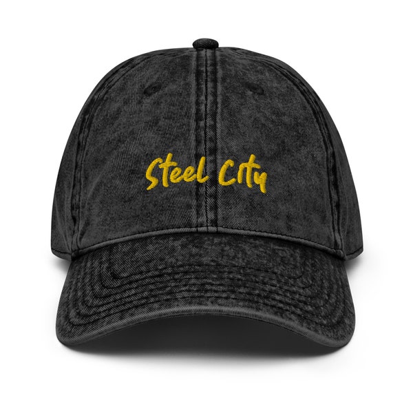 Vintage Embroidered Steel City Cotton Twill Cap - Pittsburgh - Adjustable Dad Hat - Black and Yellow - Yinzer Apparel