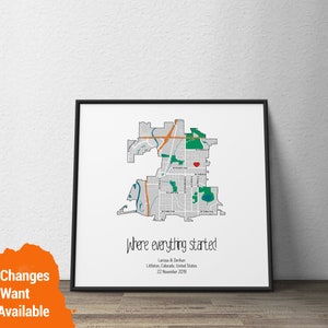 Carte de localisation pour le premier rendez-vous, carte du lieu de notre rencontre, impression de carte de localisation personnalisée, plan des rues, plan de la ville natale, cadeau d'anniversaire à imprimer pour lui et elle