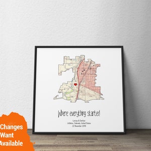 Presente de mapa de noivado personalizado, mapa imprimível personalizado, qualquer cidade, mapa de cidade, presente de aniversário de casamento para casal, presente memorial em estilo de mapa antigo