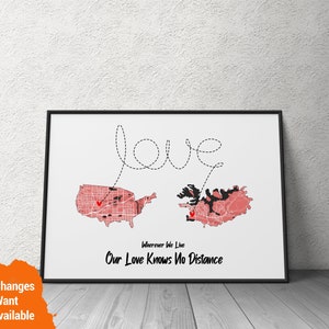 Cadeau personnalisé de carte de pays à pays, art de carte de nouveau style, papa longue distance, meilleurs amis jamais séparés, connecter les cœurs, véritable cadeau d’amitié