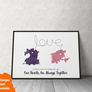 Art personnalisé de la carte à l’aquarelle d’état à l’état, art de deux villes en un, relation à distance, cadeau de maman, anniversaire de petit ami et petite amie