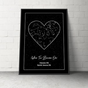 Konstellation Karte, benutzerdefinierte Stern Karte nach Datum, Sterne Herz auf Hochzeit und Verlobung, personalisierte himmlische nprint Geschenk, Karte des Nachthimmels