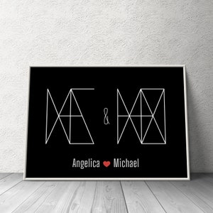 Diseño de nombre personalizado, nombre codificado impresión de amor, decoración de nombre personalizado, nombre de la carta monograma regalo, idea de diseño minimalista, él, su, regalo de amor