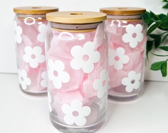 Daisy Glass Cup / Flower Coffee Glass / Libbey Soda Can Glass / Beer Can Glass With Lid / Iced Coffee Glass / Gifts for Her / Daisy Gift
