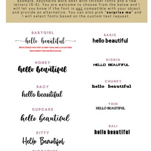 Puede incluir: Un gr&aacute;fico que muestra diferentes estilos de fuente para la frase "hello beautiful". Las fuentes est&aacute;n etiquetadas con nombres como "Babygirl", "Basic", "Honey", "Racy", "Cupcake", "Kitty", "Signature", "Bigbig", "Chunky", "Thin" y "Bali".