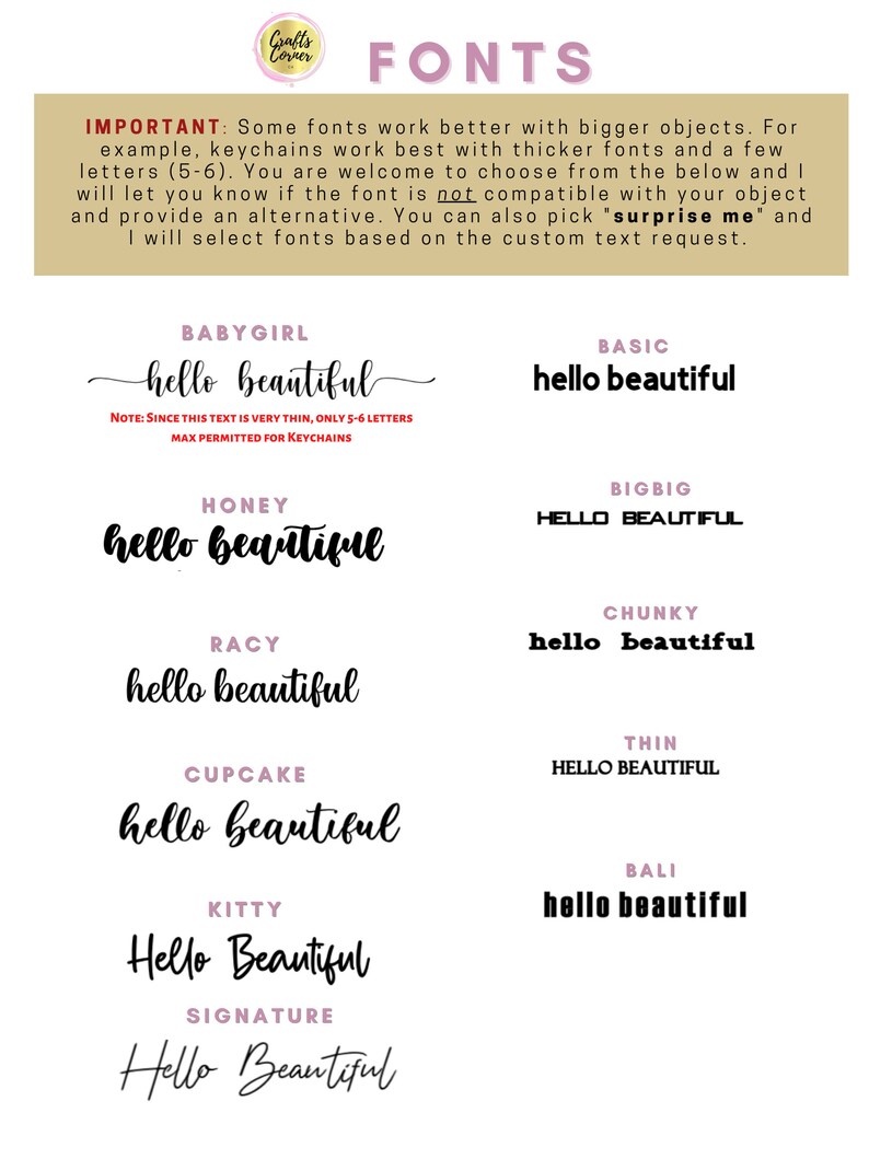 Puede incluir: Un gr&aacute;fico que muestra diferentes estilos de fuente para la frase "hello beautiful". Las fuentes est&aacute;n etiquetadas con nombres como "Babygirl", "Basic", "Honey", "Racy", "Cupcake", "Kitty", "Signature", "Bigbig", "Chunky", "Thin" y "Bali".