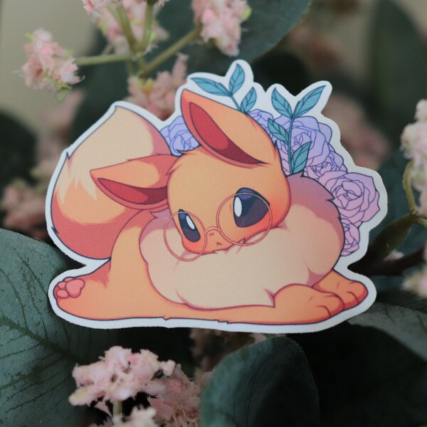 Pokemon - Eevee with Glasses Sticker, Hydroflask, Laptop, Decal, Stationary, Yeti, Water bottle Sticker