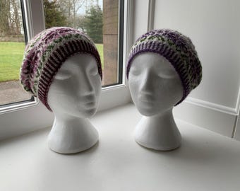 Hand Knitted Alpaca Fairisle Tam: Purple & Green Beret