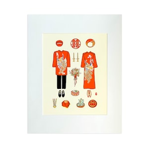 May include: Illustration of traditional Vietnamese wedding attire and accessories. The image features a red áo dài, black pants, shoes, and other ceremonial items. A double happiness symbol is also present.