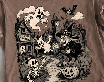 Halloween Hexenszene PNG, Gruselige Stadt Design, Gruselige Retro Karikatur Grafik
