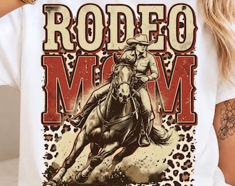 Rodeo Mom PNG, Western Leopard Print Graphic Shirt, Barrel Racing Design