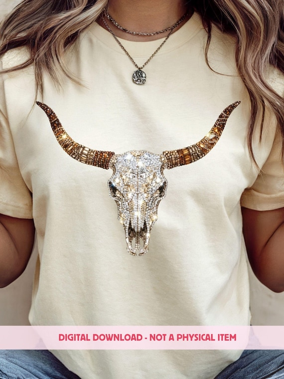 Rhinestone Western Cow Skull PNG, Dazzle Sparkle Longhorn Bull, Cowboy Rodeo Graphic