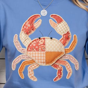 Floral Patchwork Crab PNG, Coastal Summer Pearl Design, Faux Quilted Sea Life Graphic