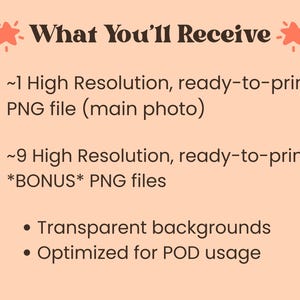 May include: A peach-colored graphic with the text "What You'll Receive" and starburst accents. The text lists one high-resolution PNG file and nine bonus PNG files, all ready to print. The files have transparent backgrounds and are optimized for POD usage.