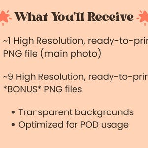 text that provides information about what the user will receive, including high resolution images that can be printed, bonus images that can be printed, transparent backgrounds, and optimized for use with the POD format. The text is concise and avoids redundancy, focusing on the essential information about the images.
