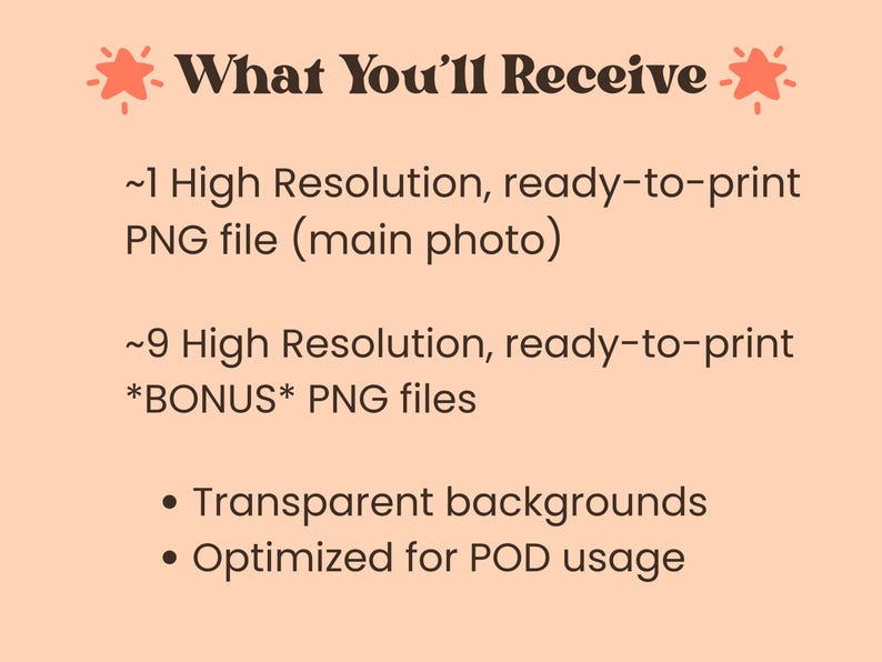 text that provides information about what the user will receive, including high resolution images that can be printed, bonus images that can be printed, transparent backgrounds, and optimized for use with the POD format. The text is concise and avoids redundancy, focusing on the essential information about the images.