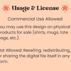 May include: A peach-colored graphic with the text "Usage & License" and details about commercial use. It states that designs can be used on physical products like shirts, mugs, and tote bags. Reselling or sharing the digital file is not allowed.