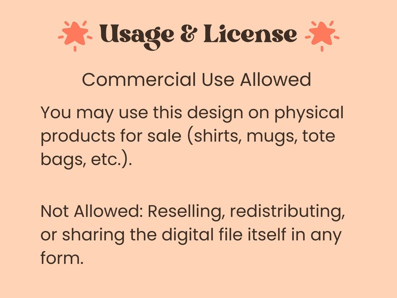 May include: A peach-colored graphic with the text "Usage & License" and details about commercial use. It states that designs can be used on physical products like shirts, mugs, and tote bags. Reselling or sharing the digital file is not allowed.