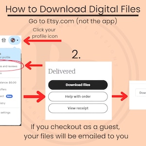 May include: A step-by-step guide on how to download digital files from Etsy. The image shows a mobile phone screen with instructions, including clicking the profile icon, selecting "Purchases and reviews," and downloading files.