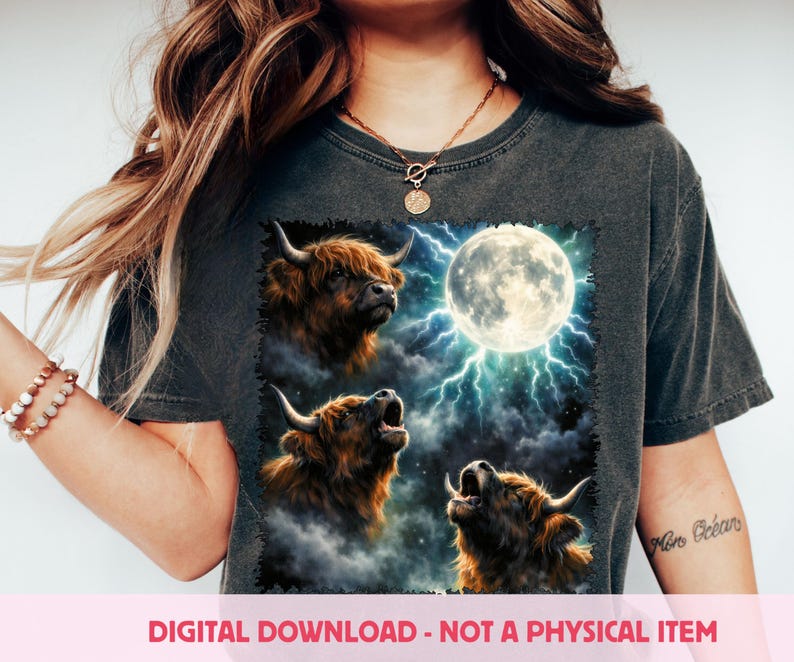 Howl Cow Highland Cow Howling at Moon PNG, Funny Retro 90s Graphic (digital ...