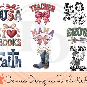 nine different designs, including a teacher, a mama, a heart, a book, a train wreck, a boot, a heart, a book, a heart, and a train wreck.