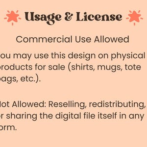 text that states "Commercial Use Allowed" and "Not Allowed: Reselling, redistributing, sharing the digital file itself in any form."