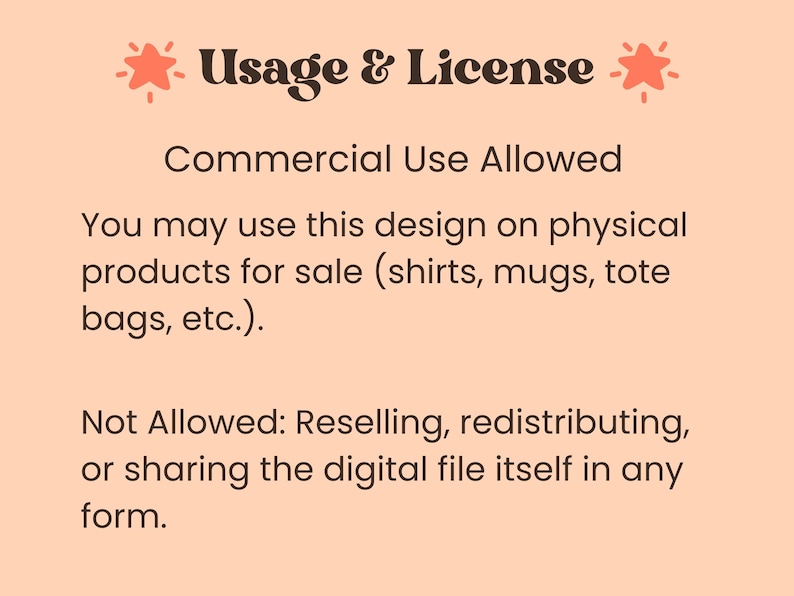 text that states "Commercial Use Allowed" and "Not Allowed: Reselling, redistributing, sharing the digital file itself in any form."
