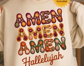 Amen Hallelujah PNG, Fall Floral Embroidery Letters, Christian Faith Shirt Design, Digital Download