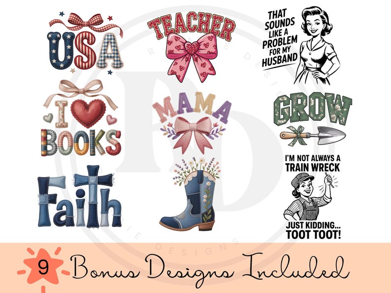 nine different designs, including a teacher, a mama, a heart, a book, a train wreck, a boot, a heart, a book, a heart, and a train wreck.
