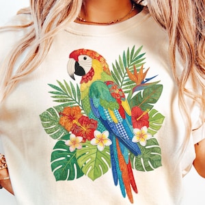 Parrot PNG, Floral Tropical Island Bird Design, Summer Patchwork PNG, Digital Download