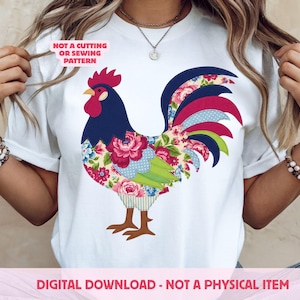Blommigt lapptäcke Tupp PNG, Cottagecore Farm Chicken, Retro Quilted Höna, Digital Nedladdning