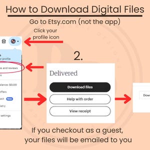 The image is a step-by-step guide on how to download digital files, specifically focusing on the process of purchasing and reviewing digital files from Etsy. It includes a list of steps and instructions, as well as a visual representation of the process.